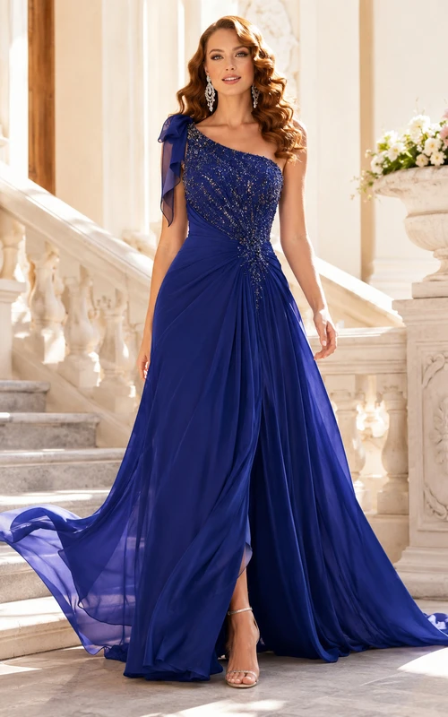 Elegant Royal Blue Chiffon Feria Gala A Line Floor Length One Shoulder Gown