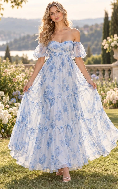 Vestido de invitada largo hasta el suelo, corte A, con estampado floral acuarela azul cielo y mangas con volantes y hombros descubiertos.