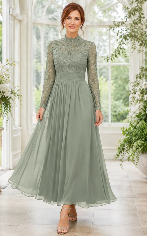 Romantisches, elegantes, hochgeschlossenes Chiffonkleid in Teelänge mit langen Ärmeln, Spitzenoberteil und wadenlangem Rock in Salbeigrün – ideal für die Mutter der Braut.