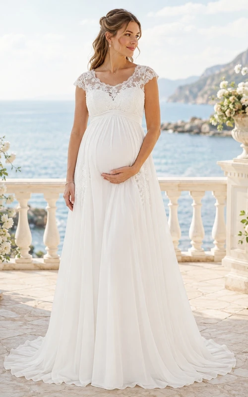 Vestido de novia de encaje estilo barco, corte imperio, para playa, estilo modesto, estilo Imperio.