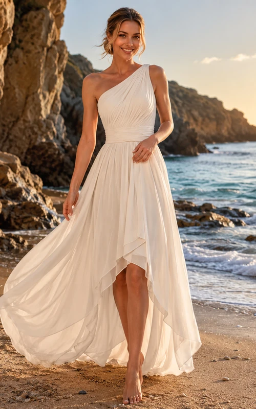 Robe de mariée asymétrique en mousseline drapée à une épaule, coupe trapèze, idéale pour renouveler ses vœux à la plage