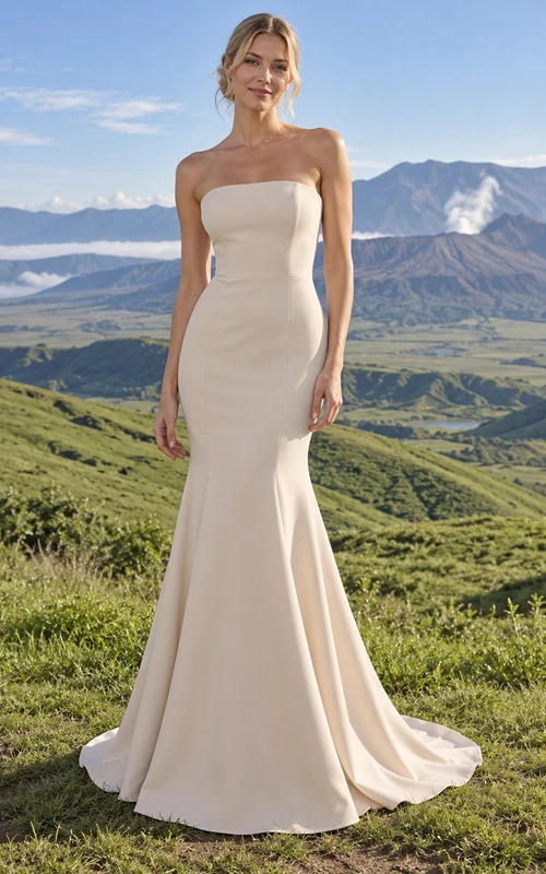 Schlichtes, champagnerfarbenes, trägerloses Brautkleid im Meerjungfrauenstil mit glattem Oberteil und Schleppe.