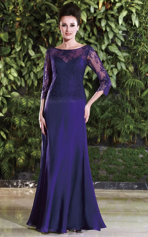 Vestido largo de gasa con escote redondo, mangas tres cuartos y apliques de encaje, corte sirena y cremallera.