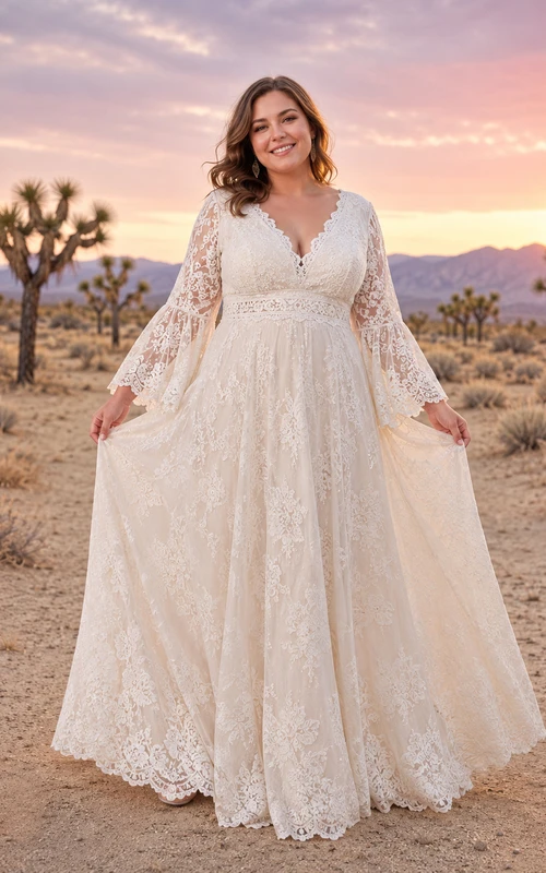 Plus Size Bell Sleeve Lace Desert Wedding Dress