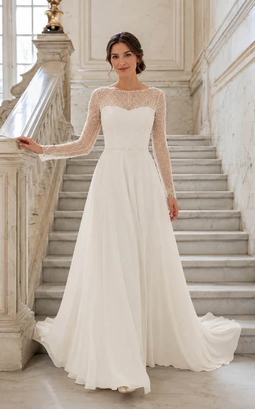 A-Linien-Kleid mit Illusionsärmeln, Perlenverzierungen, Marmor-Innenseite und Marmor-Interieur