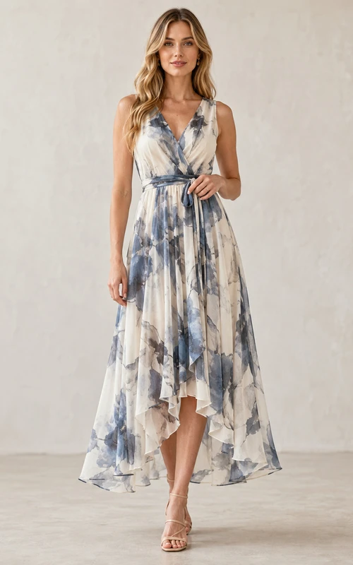 Vestido de invitada de gasa con escote en V y corte asimétrico, color lavado tinta.