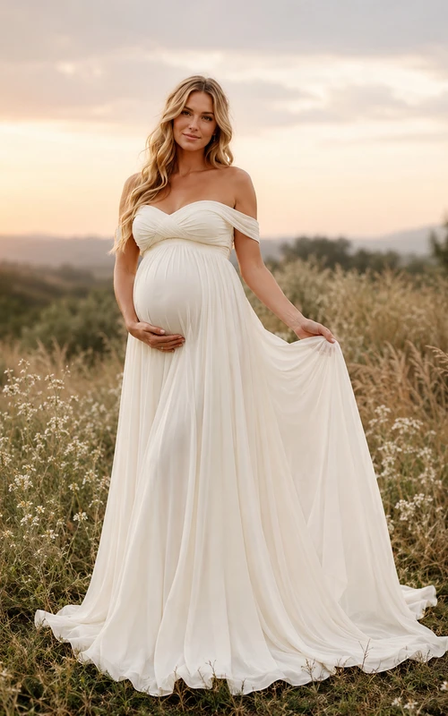 Elfenbeinfarbenes, schulterfreies Umstandskleid aus Chiffon im Empire-Stil für Fotoshootings