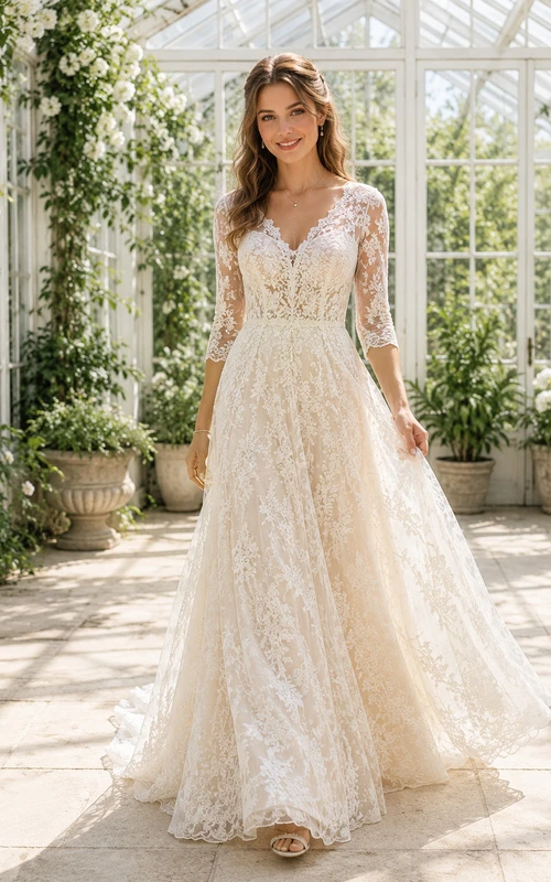 Robe de mariée en dentelle et tulle, coupe trapèze, col en V, sans manches, traîne, dos nu plongeant.