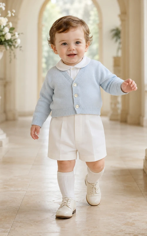 Hellblaues Langarm-Strickjacken-Set für Babys, bestehend aus passender Taufhose und Shorts