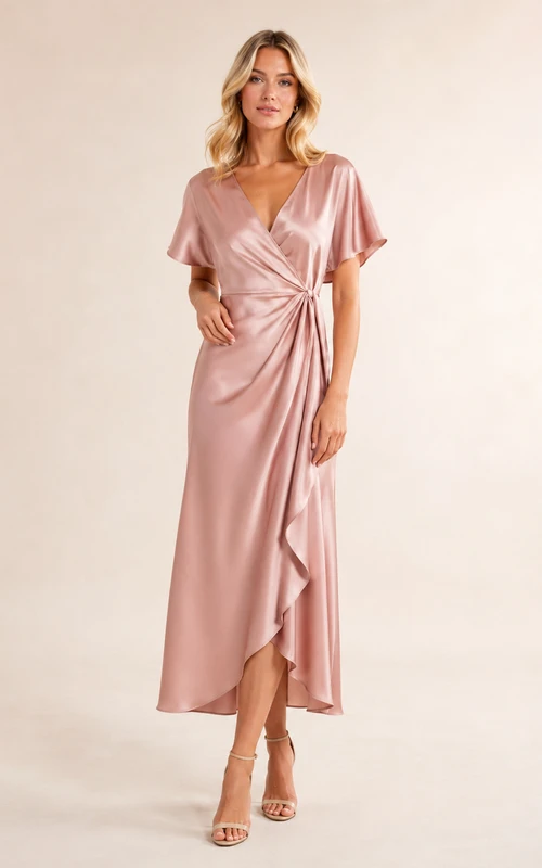 Rosafarbenes Satin-Wickelkleid mit flatternden Ärmeln und Rüschen, Midi-Länge, für besondere Anlässe
