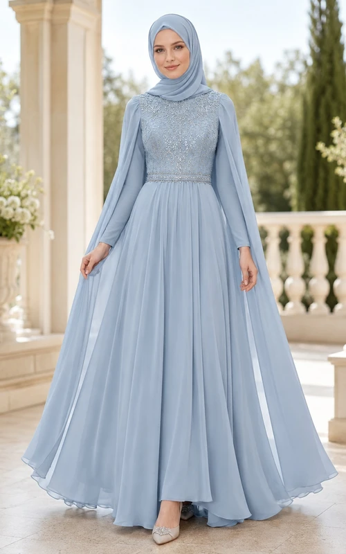 Robe de bal en mousseline bleu ciel, col montant, manches cape, style modeste