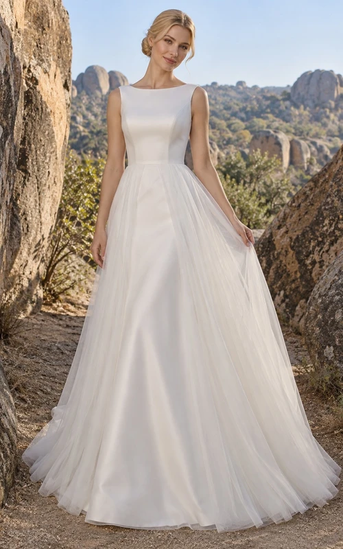 Vestido de novia sencillo, modesto, sin mangas, de satén y tul con escote barco y corte en A.