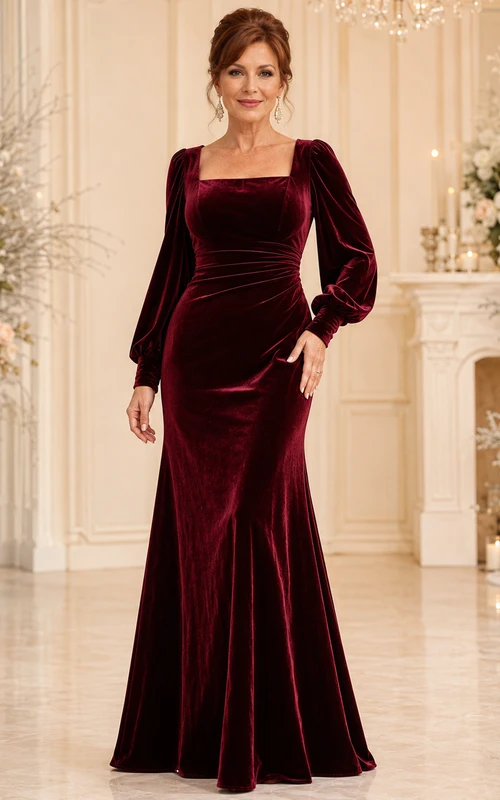 Burgundy Velvet Floor-Length Mermaid Modern Mother of the Bride Winter Gown with Square Neck Long Puff Sleeves and Flared Hem