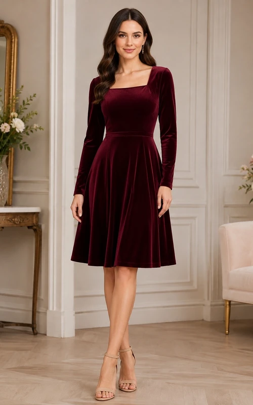 Burgundy High Neck Long Sleeve Velvet Tea-Length A-Line Dress