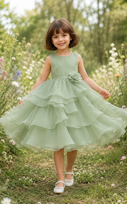 Sage Tiered Organza A-Line Cascading Ruffle Flower Girl Dress, Sleeveless Jewel Neck, Tea-Length Country Garden