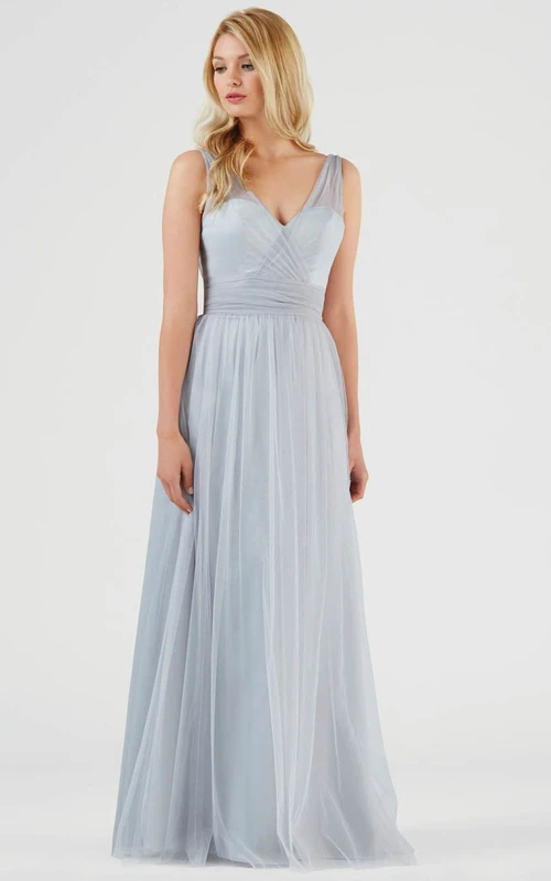 Vestido de dama de honor sin mangas con escote en V, lazo y tul, con fruncido.