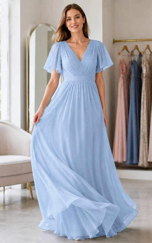 Vestido formal de gasa azul cielo con escote en V y manga corta, corte en A
