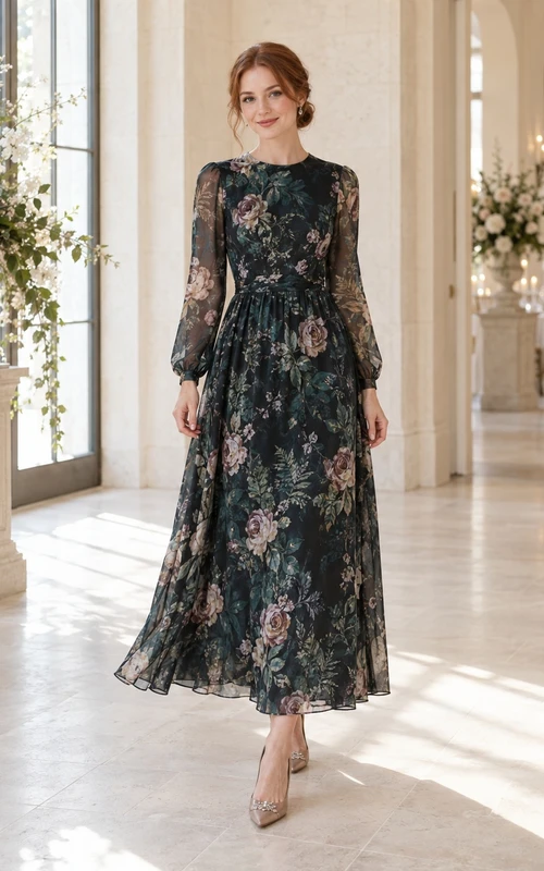 Vestido de invitada corto de corte A, largo hasta el suelo, color verde azulado con estampado floral, cuello alto y manga larga.