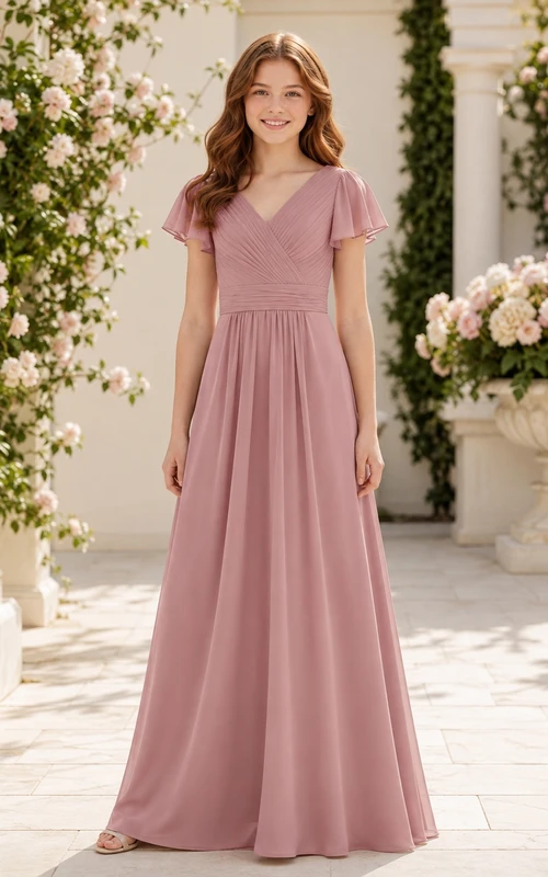 Brautjungfernkleid in Altrosa, A-Linie, V-Ausschnitt, kurze Blütenblattärmel, Chiffon, schlicht