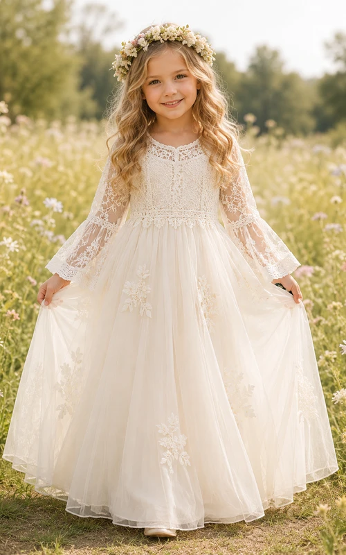 Vestido de niña de flores largo estilo bohemio romántico con corte en A, tul, encaje, mangas acampanadas y apliques florales.