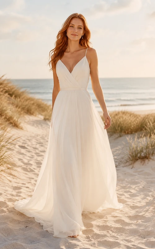 Beach Chiffon Tulle Wedding Dress A-Line Spaghetti Strap Floor Length Bridal Gown
