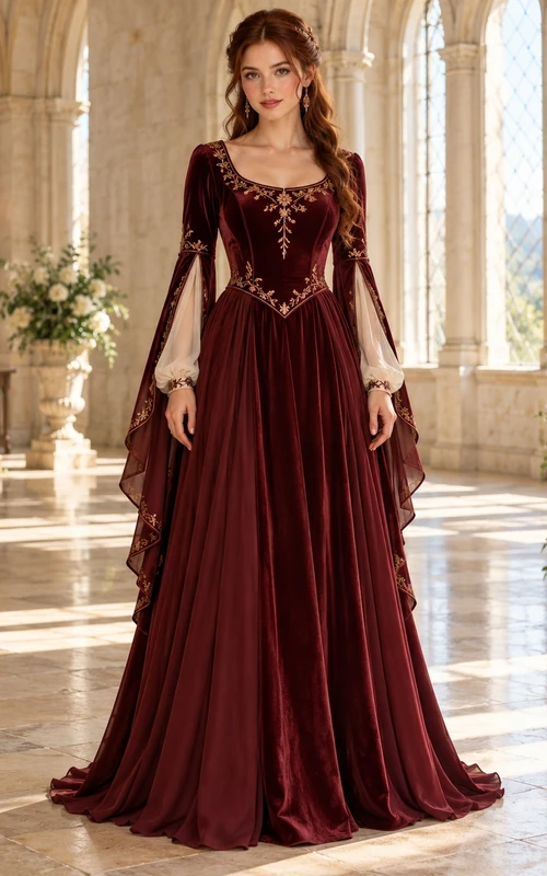Renaissance Burgundy Scoop Neck Split Long Sleeve Velvet Bridesmaid Dress