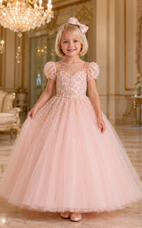 A-Line Flowergirl Pearl Beaded Tulle Floor-Length Puff Sleeve Luxury Pink Wedding Gown