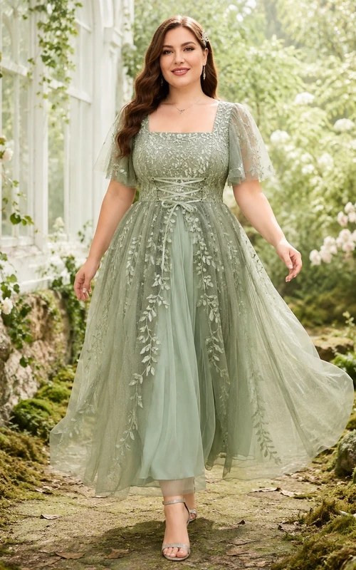 Plus Size Sage Square Neck Flutter Sleeve Lace A-Line Ankle-Length Fairy Dress