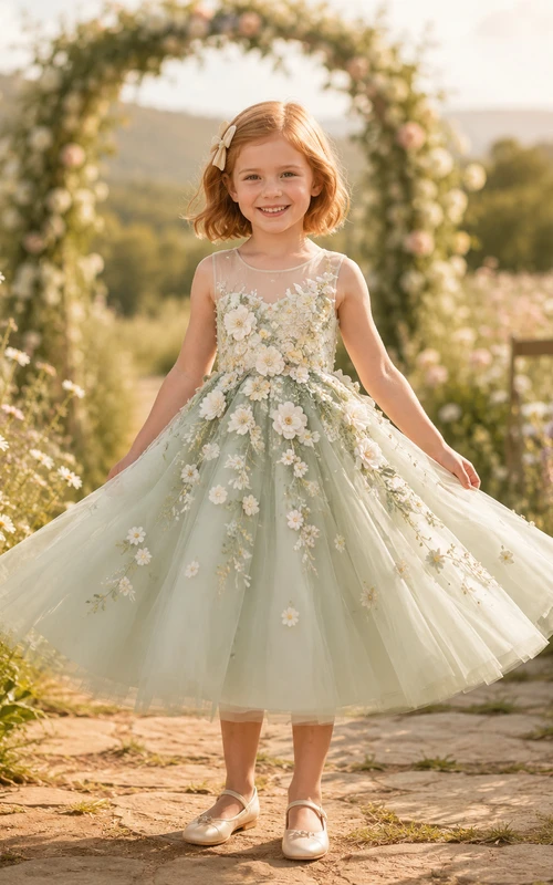 Robe bohème mi-longue trapèze pour demoiselle d'honneur, en tulle sauge et dentelle, ornée d'appliqués floraux et d'un col bijou.