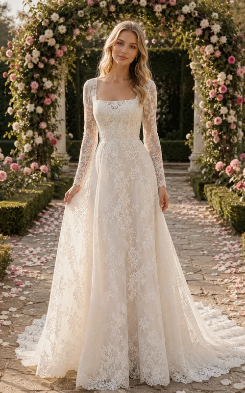 Square Neck Long Sleeve Lace Garden Train Bridal Gown