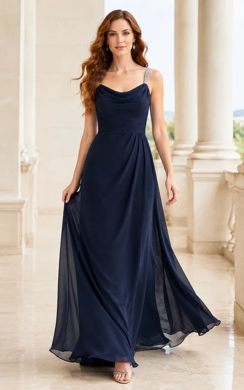 Dark Navy Crystal Strap Chiffon A Line Evening Dress