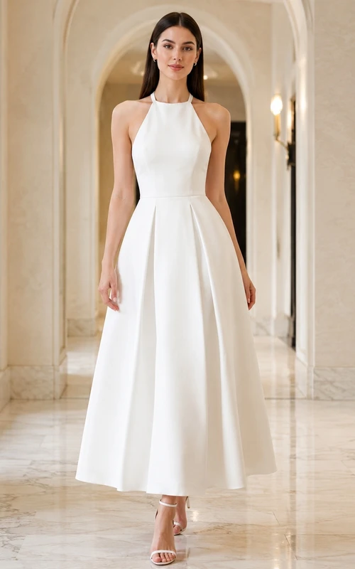 Weißes, ärmelloses Satin-Midikleid mit Neckholder und gekreuztem Rückenausschnitt, A-Linien-Schnitt