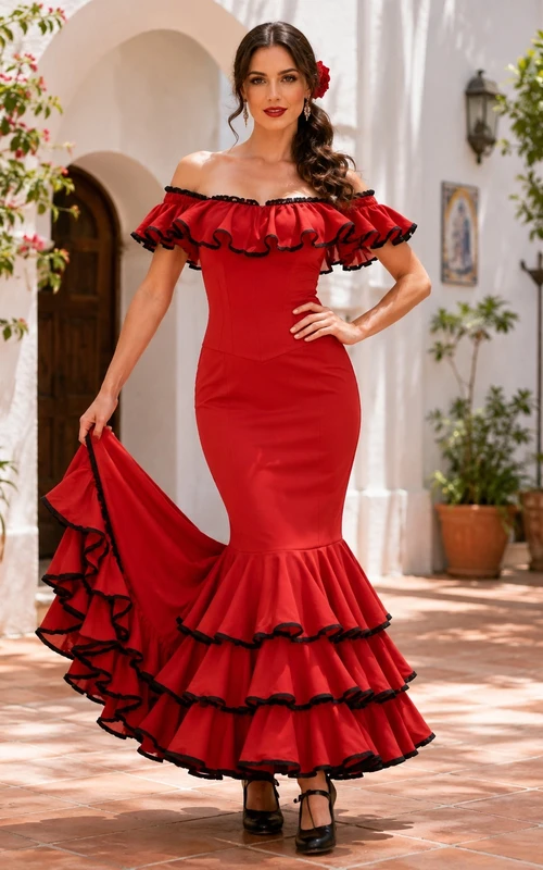 Vestido de noche rojo ajustado con volantes y escote Bardot, estilo flamenco.