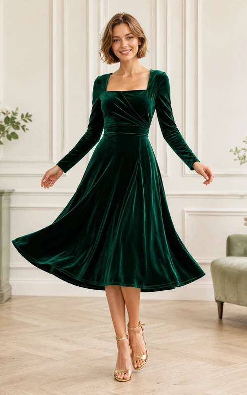 Dark Green Square Neck Long Sleeve Velvet Tea Dress Reception