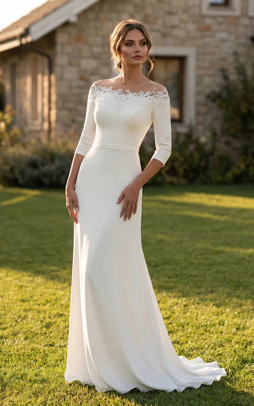 3/4 Sleeve Sheath Wedding Dress with Appliques