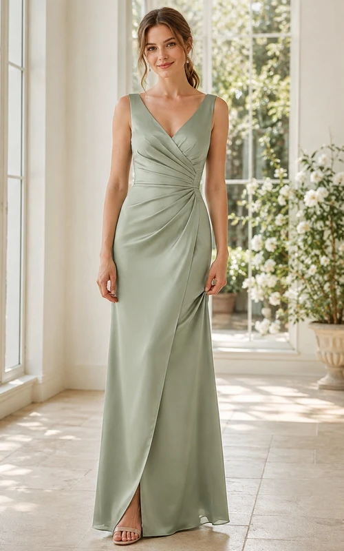 Elegant Sage V-Neck Sleeveless Satin Sheath Floor-Length Ruched Formal Guest Dress