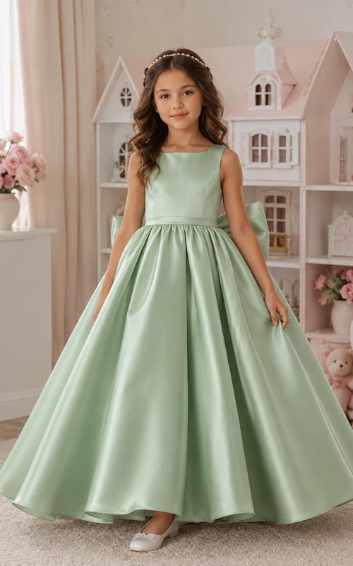 Robe de demoiselle d'honneur en satin sauge, coupe trapèze, col rond, longueur midi, détail nœud.