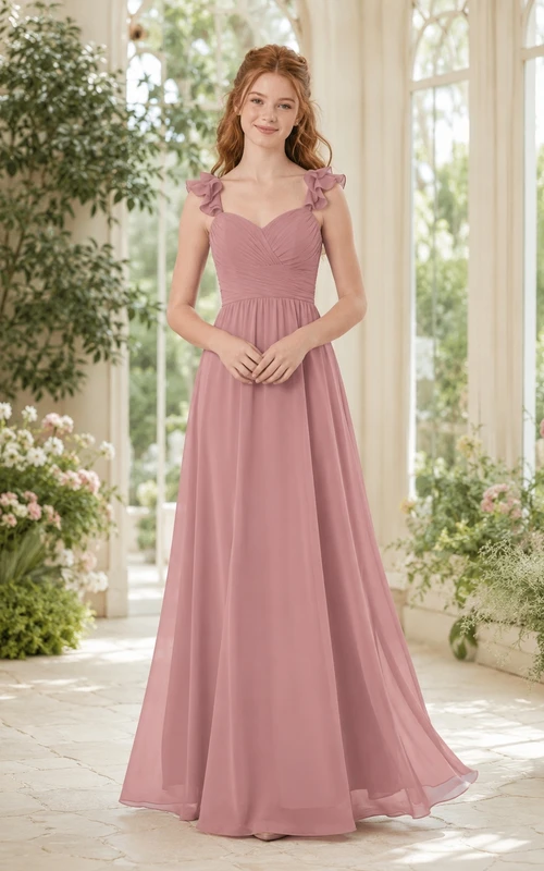 Brautjungfernkleid in Altrosa, A-Linie, herzförmiger Schnitt, ärmellos, Rüschen