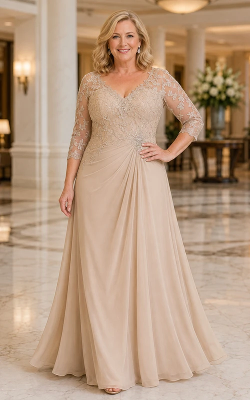 MOB-Kleid aus champagnerfarbenem Chiffon und Spitze, A-Linie, 3/4-Ärmel, U-Boot-Ausschnitt, bodenlang