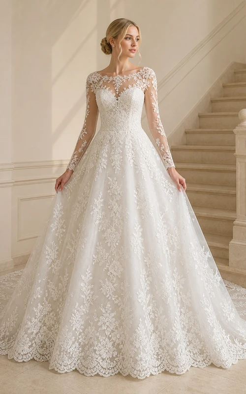 Vestido de novia romántico de corte capilla con escote barco y mangas largas en A