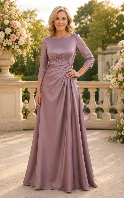 Mauvefarbenes A-Linien-Kleid aus Satin mit Dreiviertelärmeln