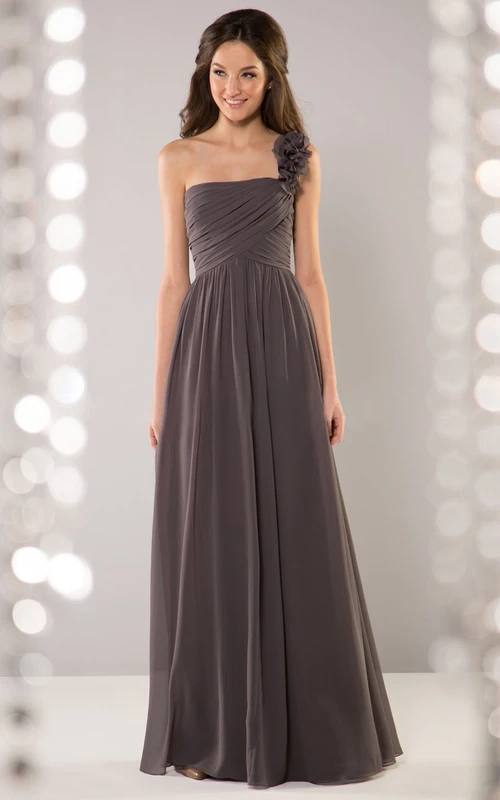One-Shoulder A-Line Crisscrossed Bridesmaid Dress With Floral Detail