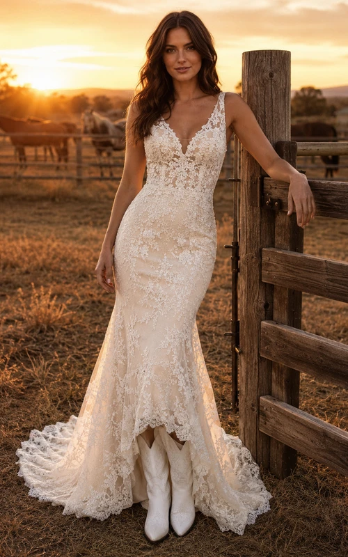 Plunging V Neck Lace Mermaid Ranch Bridal Gown