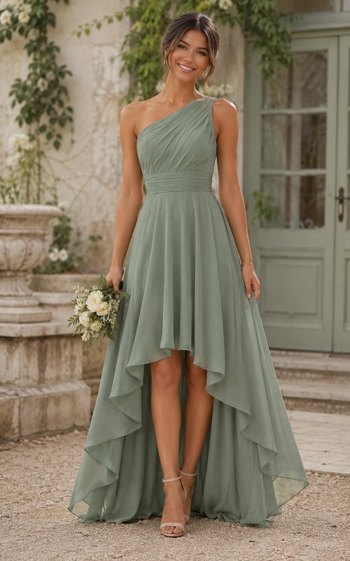 Celadon One-Shoulder High-Low Chiffon Bridesmaid Dress