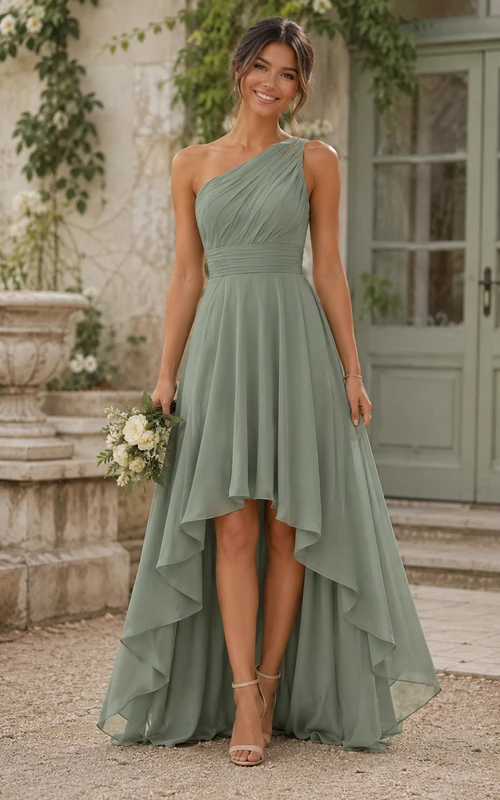 Sage One-Shoulder High-Low Chiffon Bridesmaid Dress