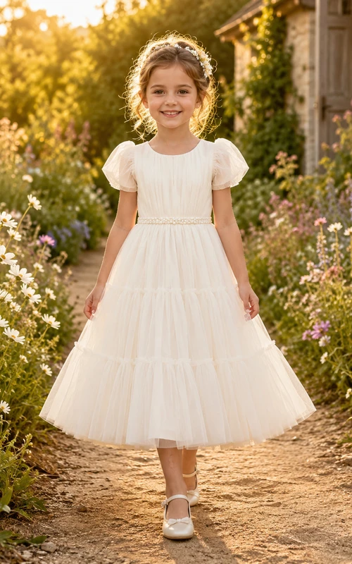 Flower Girl Dress Ivory Lace Tulle A-Line Jewel Neck Tea Length