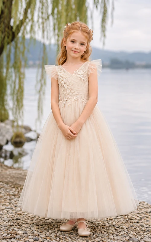 A-Line Flowergirl Lace Tulle Floor-Length Sleeveless Lakeside Wedding Dress with Floral Bodice
