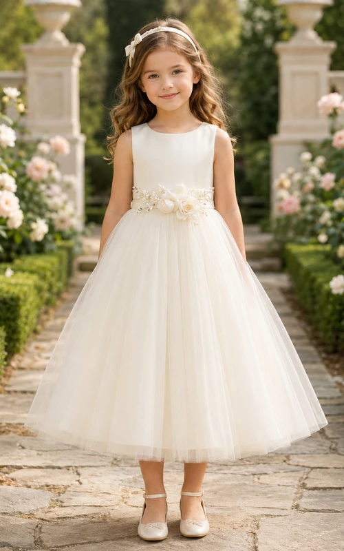 Blumenmädchenkleid aus elfenbeinfarbenem Tüllsatin, A-Linie, Rundhalsausschnitt, Teelänge
