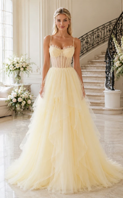Vestido de gala de tul con tirantes finos y corsé color amarillo pálido para bodas en capilla