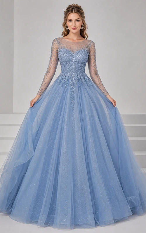 Long Sleeve Sky Blue Tulle Ball Gown Ethereal Prom Dress